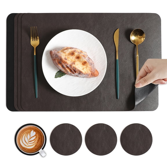 Mictong leather heat-resistant placemat set, 4 pcs rectangular pieces, size: 16.93x11.81 inches, 4 pcs circular pieces, size: 3.93x3.93 inches, suitable for dining table, black-brown
