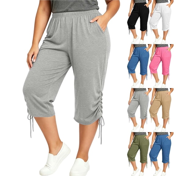 SwiftWear Women's Plus Size Capri Pants with Pockets Drawstring Hem Split Athletic Lounge Pants Soft Stretch Casual Summer Joggers