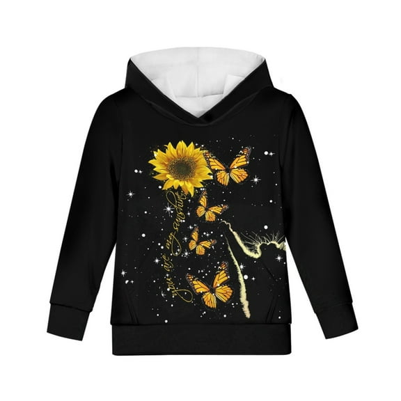 Xoenoiee Kids Hoodies Hooded Sweater with Front Kangaroo Pocket Long Sleeve Tops Sportwear Fall Winter Activewear for Jump Travel Workout, Sunflower Butterfly Cat Star Pattern, M