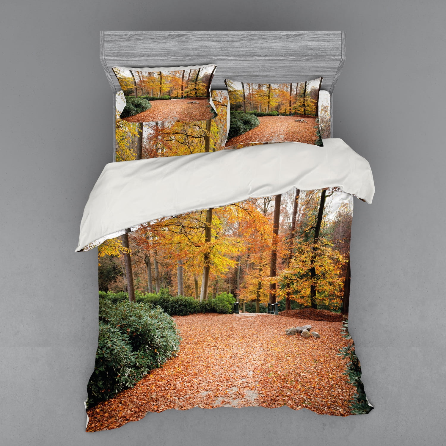 Nature Duvet Cover Set, Autumn Forest with Deciduous Trees Fall Leaves