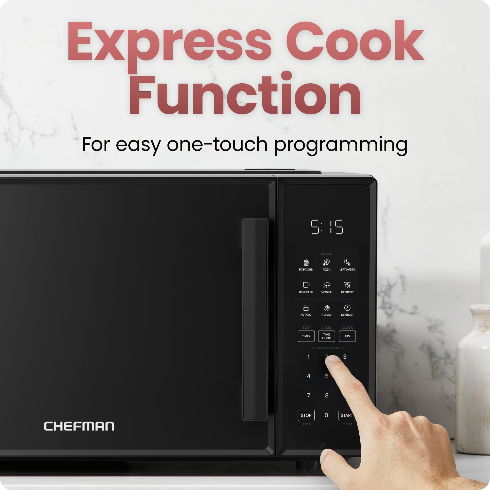 Chefman Countertop Microwave Oven 0.9 Cu. Ft., 900 Watts with 6 Presets and 10 Power Levels - Black