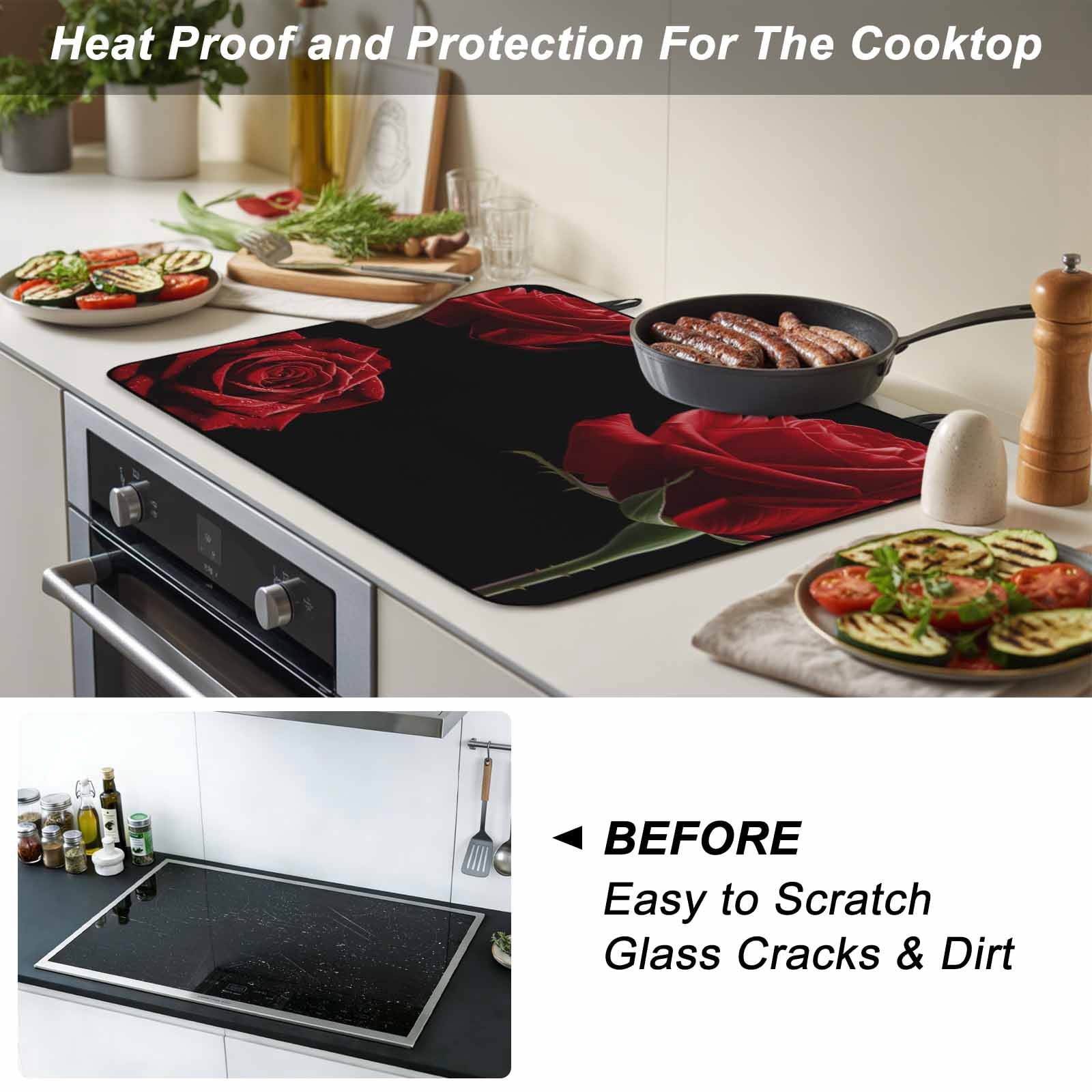 Red Rose Stove Top Cover for Electric Stove, Heat-proof & Non Slip Glass Top Stove Cover Protector, Vintage Abstract Garden Flower Floral Black Kitchen Flat Cooktop Rubber Mat 36x21 Inches