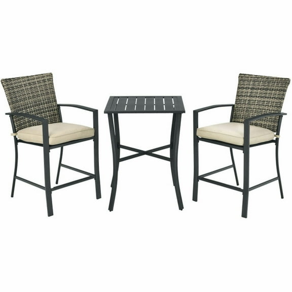 YYAo 3 Pieces Patio Rattan Bar Furniture Set with Slat Table and 2 Cushioned Stools-Gray