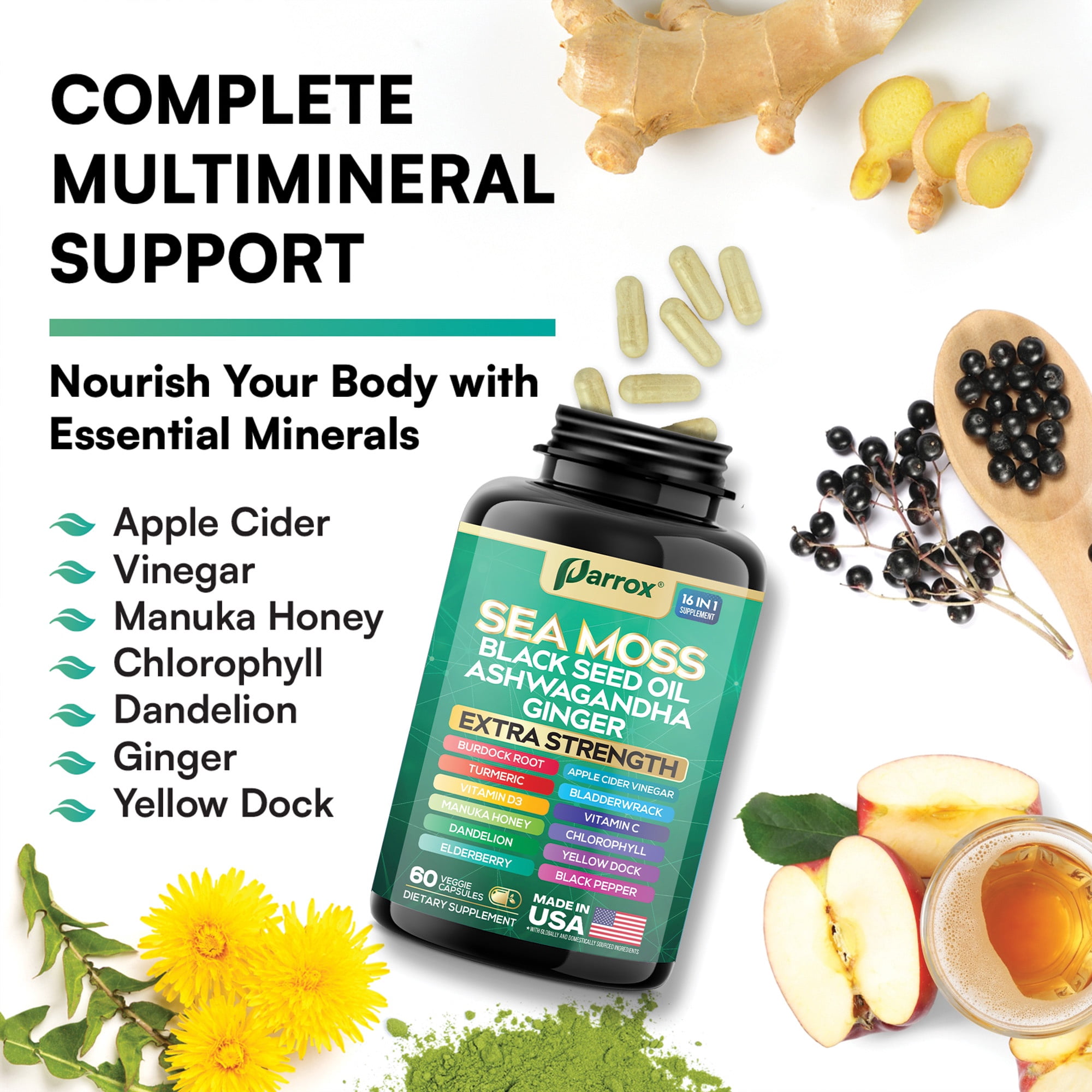 Sea Moss, Black Seed Oil, Ashwagandha, Turmeric, Chlorophyll, Dandelion, Ginger, Vitamin D3, Black Pepper, Elderberry, ACV, Yellow Dock, Burdock Root, Manuka, Vitamin C, Bladderwrack (60 Caps)