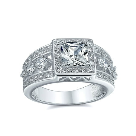 Personalize Vintage Antique Art Deco Style 2CT AAA CZ Pave Halo Square Cushion Cut Solitaire Engagement Ring for Women .925 Sterling Silver Split