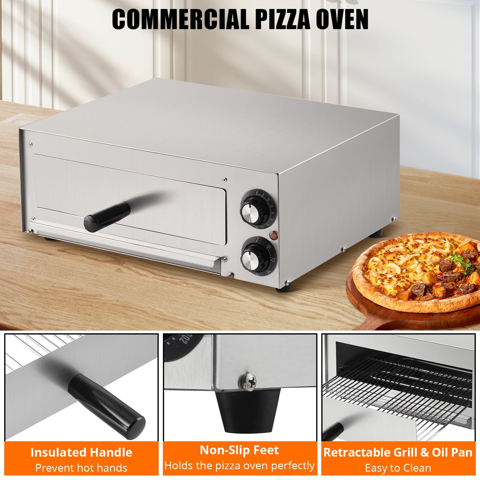 Kojooin Home Countertop Electric Pizza Oven, Made Of Stainless Steel, with Pizza Stone, Adjustable Timer/Temperature, Suitable for Home Kitchens and Food Carts