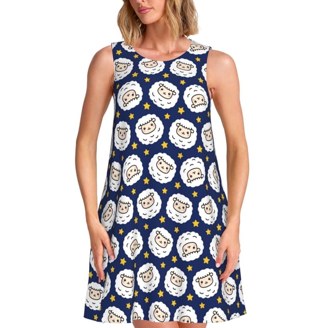 Easygdp Cute Sheep With Star para Vestido Transpirable de Mujer, Vestido Suelto de Manga Corta con Pliegues y Bolsillos para el Verano