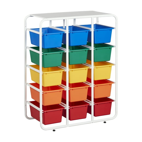 ECR4Kids 5-Tier Storage Rack with 15 Cubby Bins, 5x3, Multipurpose Organization, Primary
