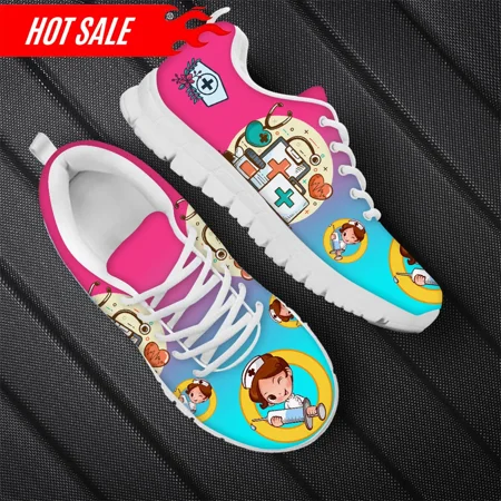 

Gradient Cartoon Nursing Doctor Brand Design Flats Shoes Women Casual Lace Up Sneakers Lightweight Nurse Ladies Shoe