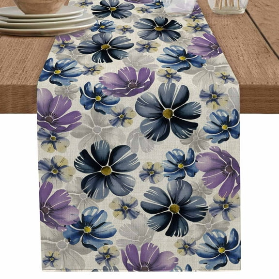 Purple Blue Flower Floral on Vintage Linen Table Runner-70 Inch Long Watercolor Plant Table Runners Linen Burlap Tablerunner for Kitchen Dining Room Holiday Party