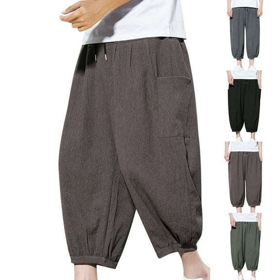 Fengqque Men's Linen Harem Pants Drawstring Casual Cropped Trousers Lightweight Loose Beach Yoga Capri Pants with Pockets Gray XL(XL)
