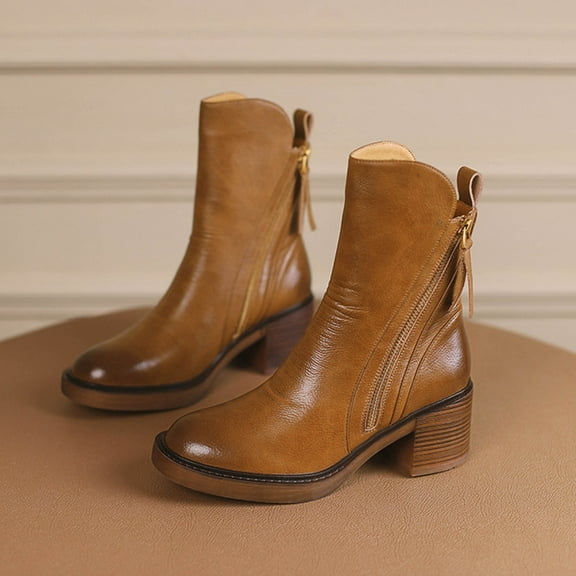 PiGOGI Women's Thick Sole Round Toe Boots Double Zipper Thick Heel Sponge Bottom Fashionable Casual Boots for Women Brown 40