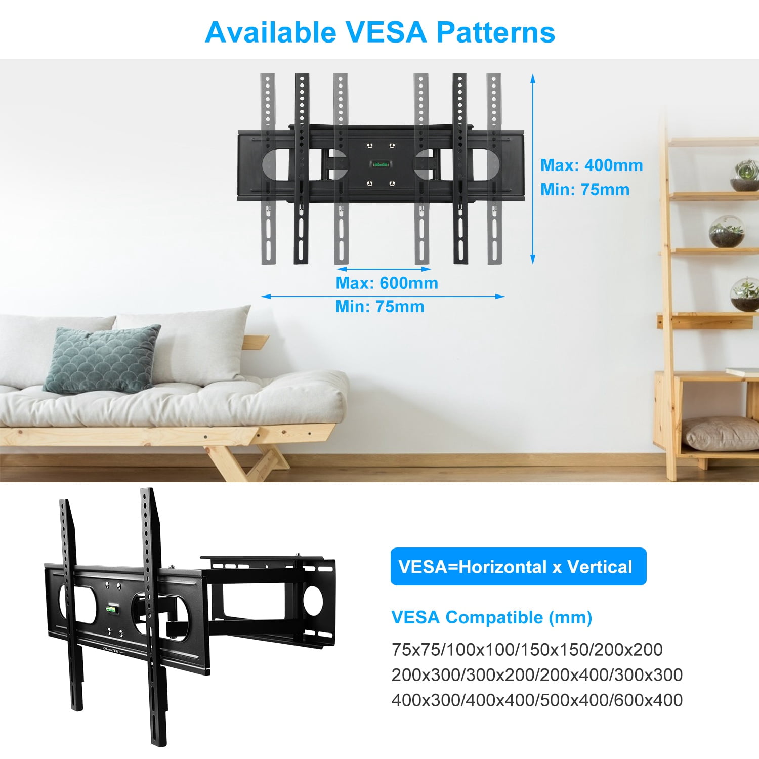 Moclever Full Motion TV Wall Mount Swivel Tilt TV Wall Rack Support 37-70” TV Wall Mount Max VESA 600x400mm Holds up to 99LBS, Black