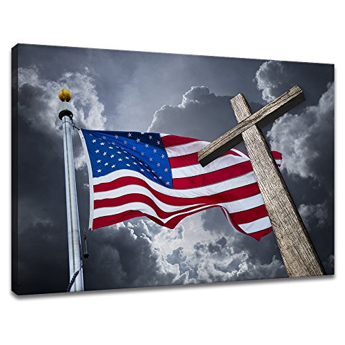 KLVOS Art Mural Patriotique sur Toile Drapeau Américain et Sainte Croix en Bois pour Salon Étiré et Imprimé sur Toile Art Contemporain Décoration Maison Moderne Décoration Murale de Noël 28"x40 Pouces