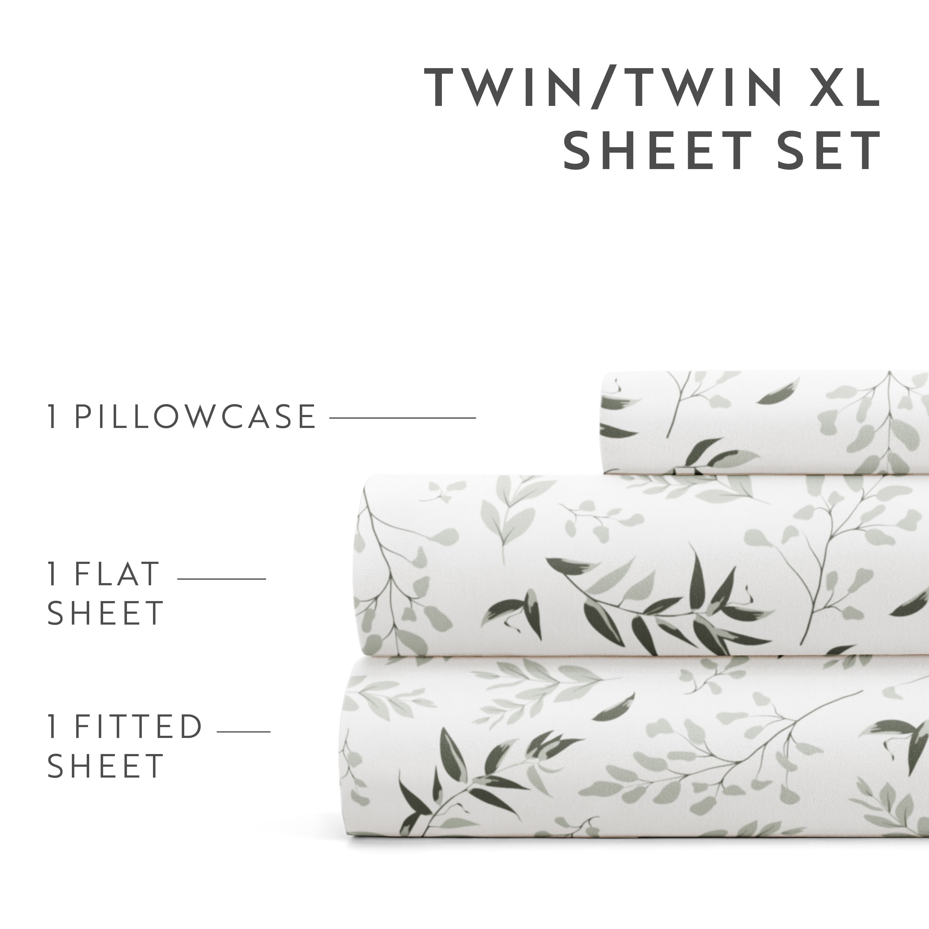 Noble Linens 4 Piece Pattern Microfiber Bed Sheets Set, Tossed Foliage Eucalyptus, Twin