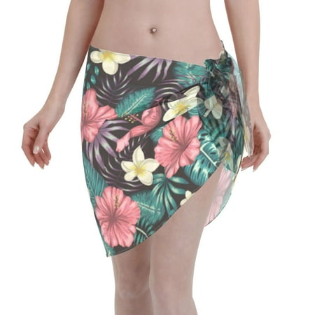 Qekee Green Tropical Leaves Women s Short Sarongs Cover Ups Sheer Bikini Wraps for Swimwear