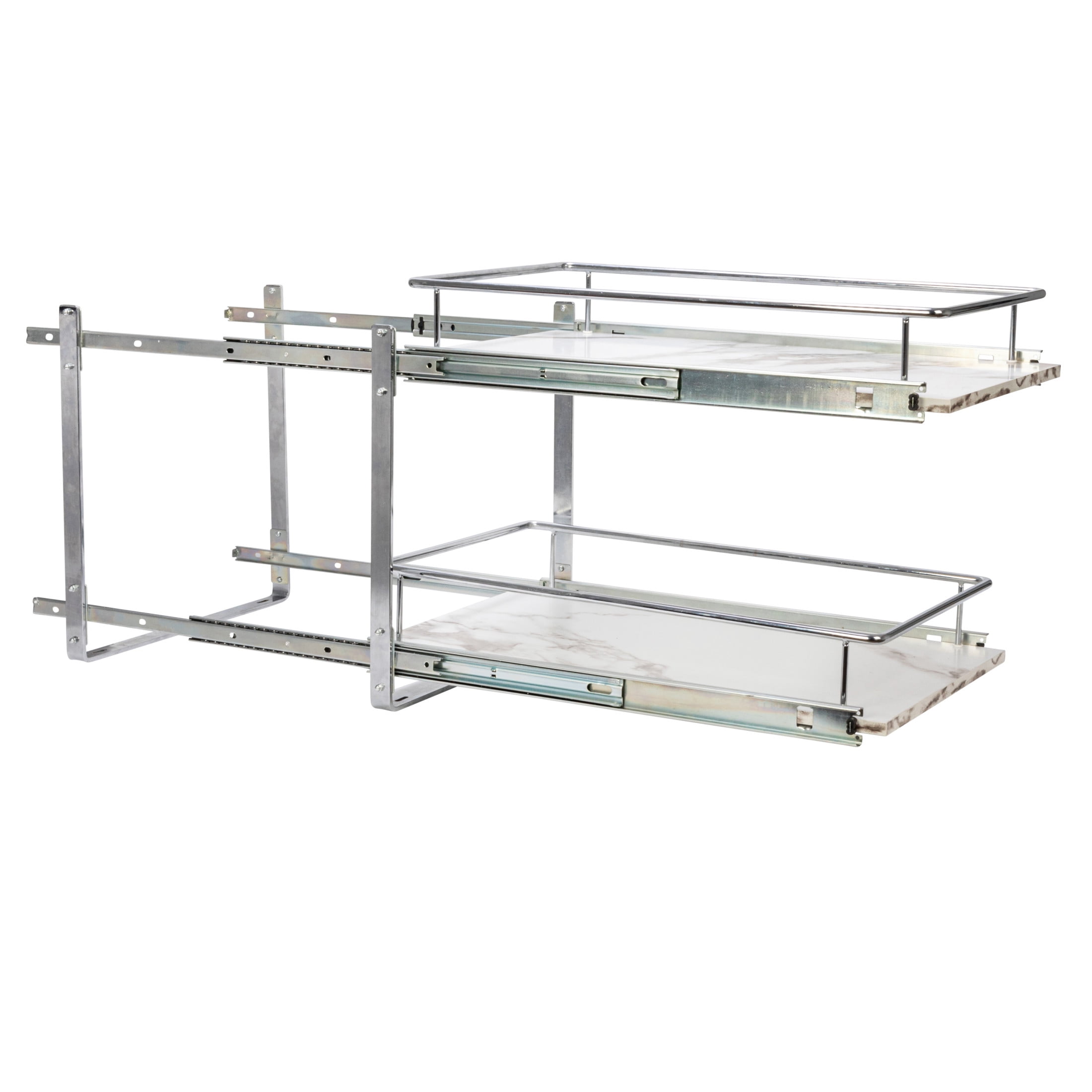 Household Essentials Glidez Chrome-Plated Steel and Faux Marble Pull-Out/Slide-Out Storage Organizer for Under Cabinet Use - 2-Tier Design - Fits Standard Size Cabinet or Shelf, White and Chrome