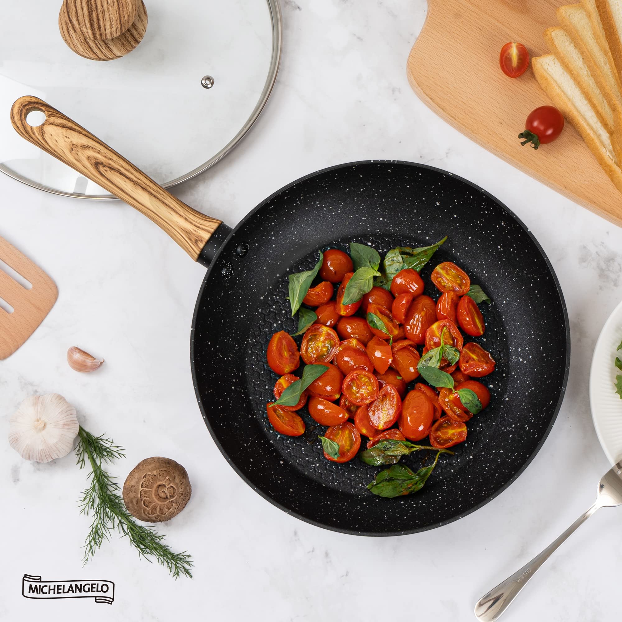 MICHELANGELO 8 Inch Stay-Cool Handle Induction Compatible Frying Pan with Healthy Nonstick Coating Lid