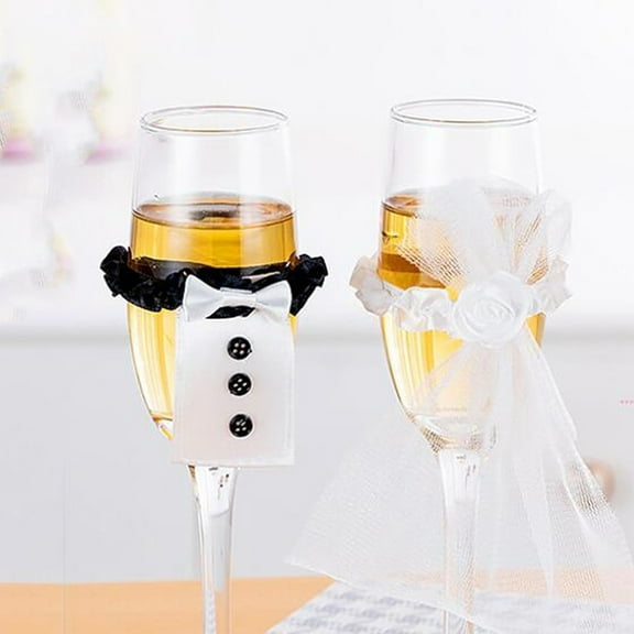 2Pcs Bride and Groom Champagne Flute Covers, Wedding Toasting Glass Decor, Tuxedo & Veil Dress Wine Bottle Sleeves for Reception