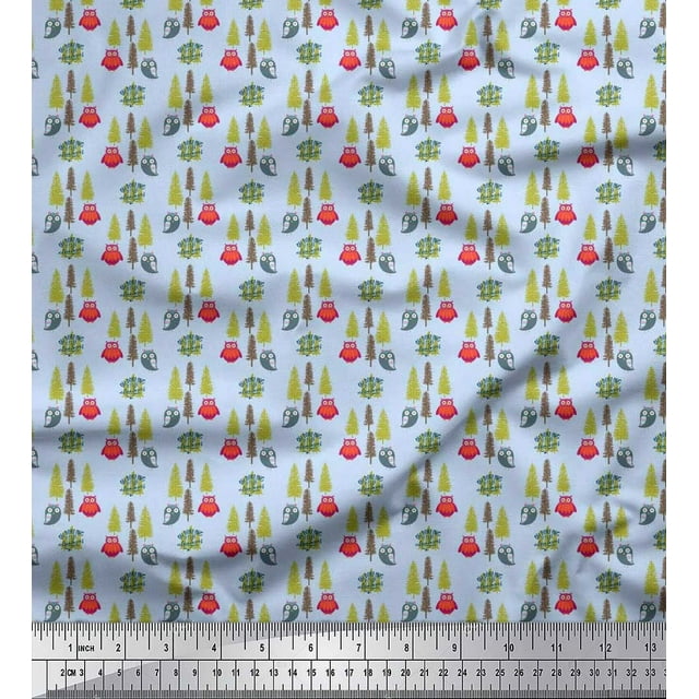 Soimoi Silk Fabric Text,Tree & Owl Cartoon Printed Craft Fabric by The Yard 42 Inch Wide