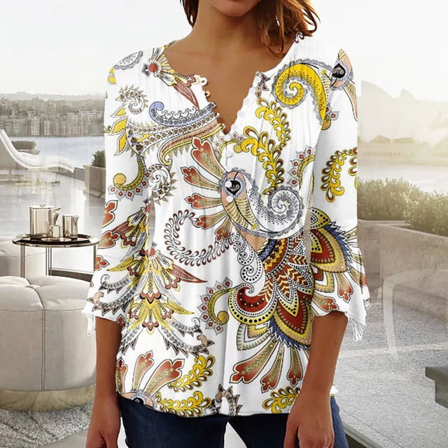 Hauts d'Été Grande Taille pour Femmes Hauts d'Été Sexy Pli Imprimé Régulier Femmes Manches 3/4 Col en V Boutons Blouse T-Shirt Col en V Femmes en Solde