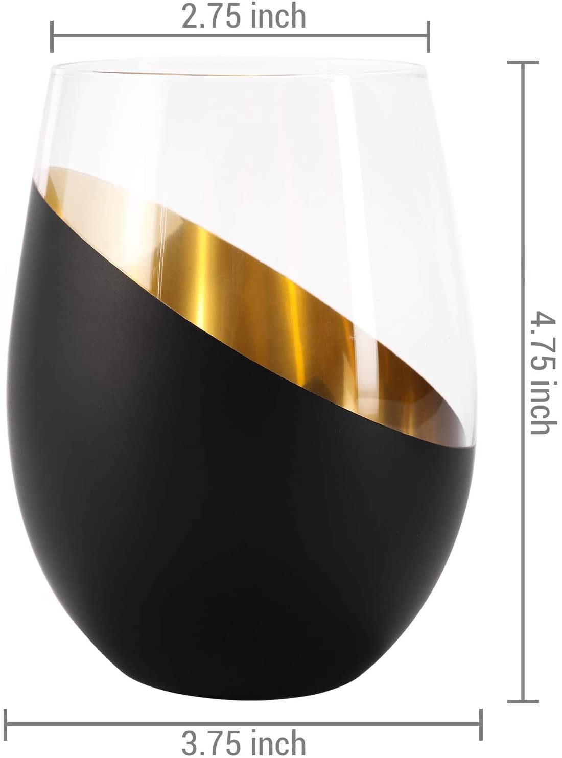 MyGift Modern Matte Black and Gold Tilted Design Stemless Wine Glasses Tumblers, Set of 6