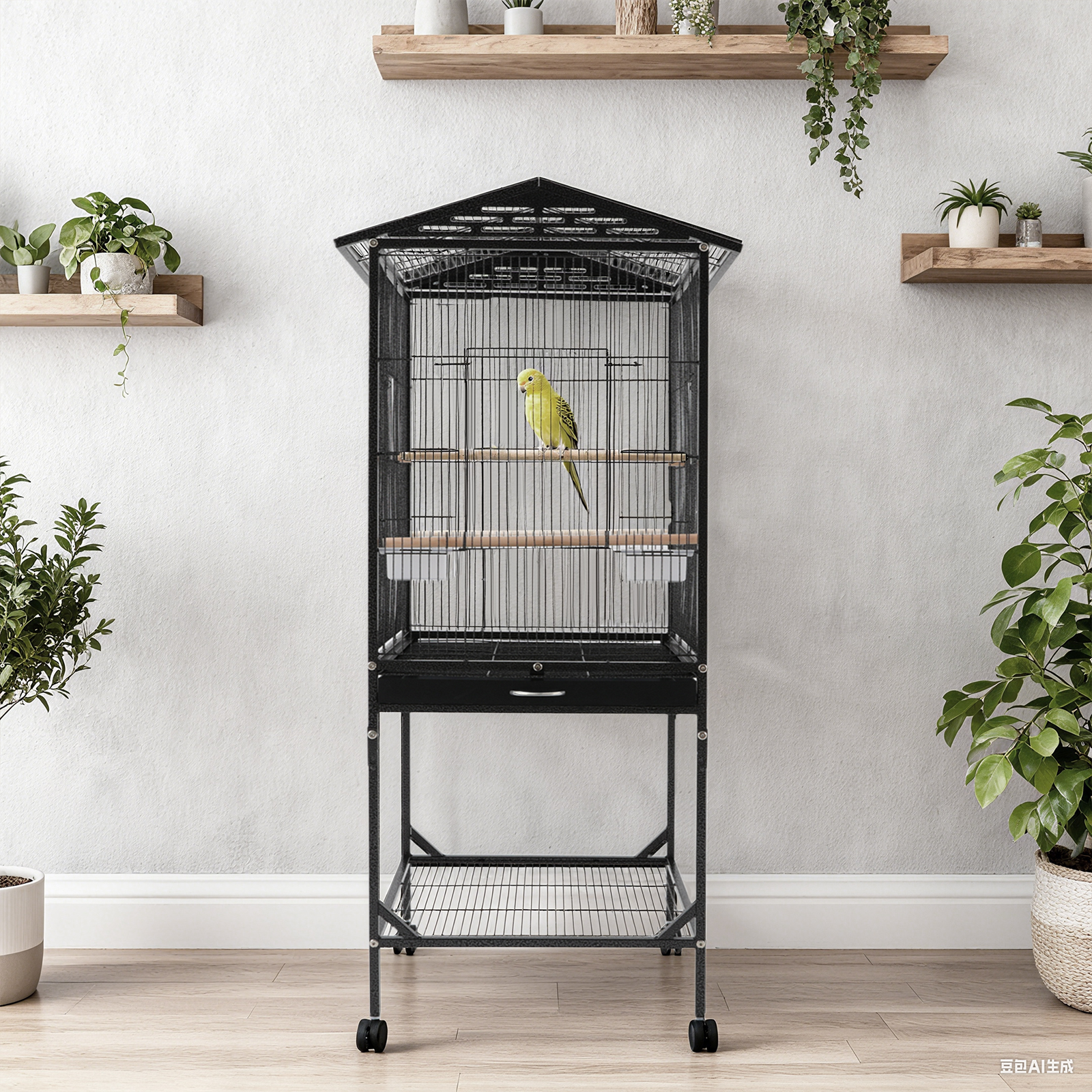 Black Iron 46*46*125cm Metal Birdcage Wheeled Storage Pet Cage Household Open Birdhouse