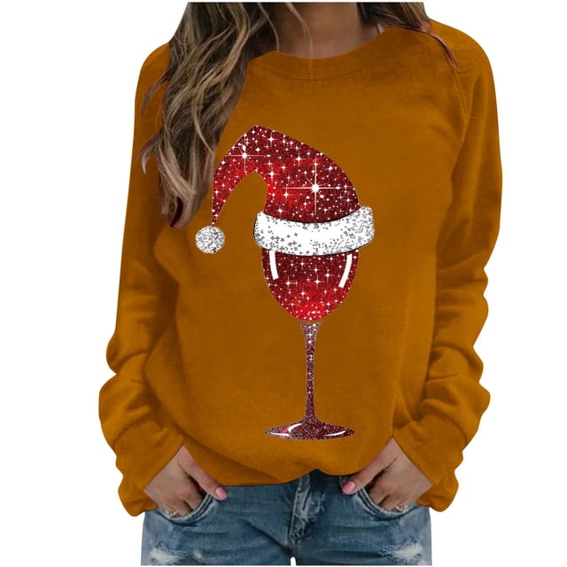 Staron Chandail de Noël pour Femme Rouge Verre de Vin Fête Chandail à Manches Longues Décontracté Col Rond Blouse Festive Vintage Hauts Laids Chandail à Enfiler Hauts de Noël Cadeaux de Noël pour Épouse