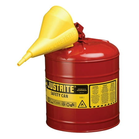 Justrite Laboratory Safety Cans - Justrite Type I Safety Cans, Flammables, 5 gal, Red, Funnel