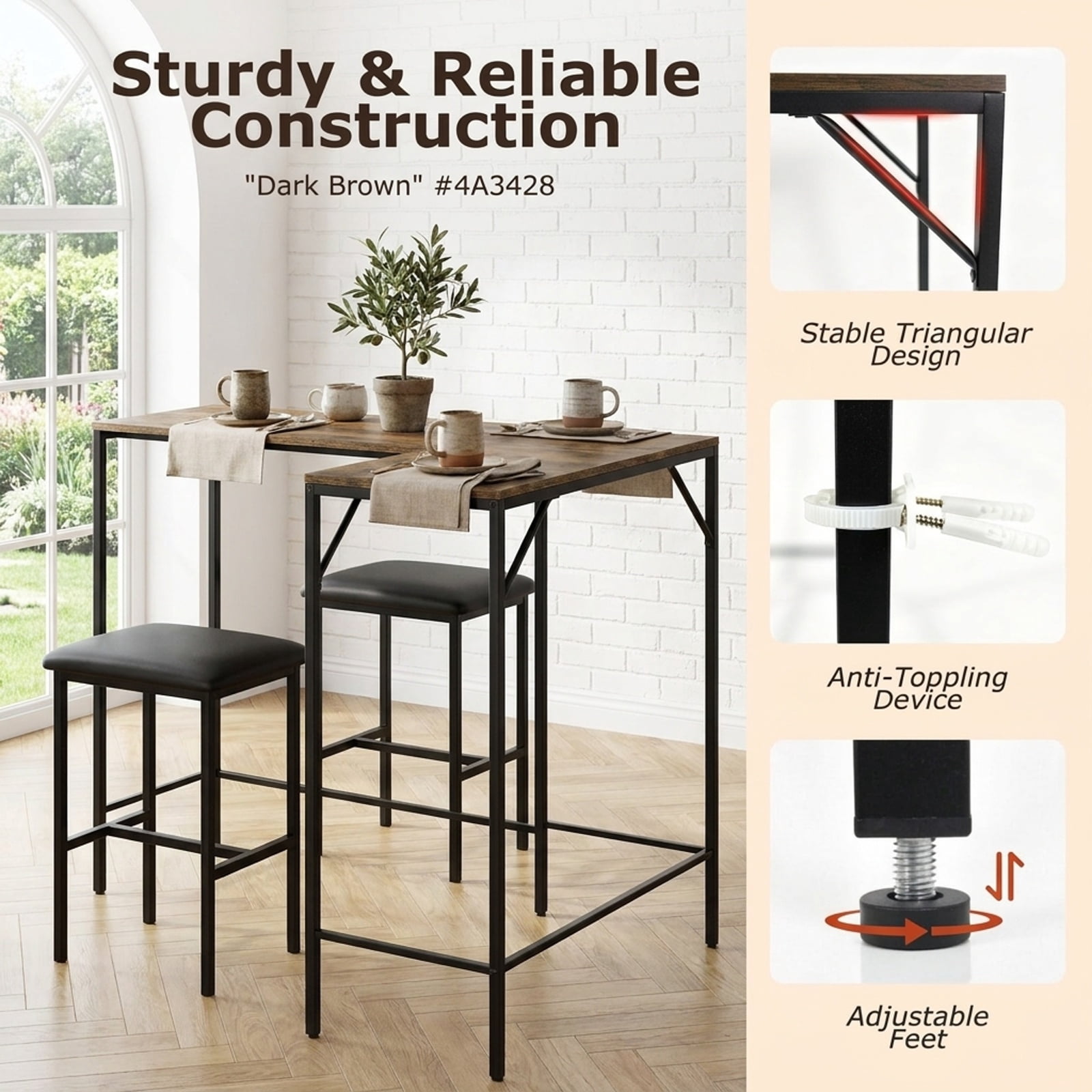 Furnibear 3-Piece Convertible L-Shaped Kitchen Table Chair Set with 2 AC Outlets USB Port and Type-C Port for Kitchen Dining Room, Rustic Brown