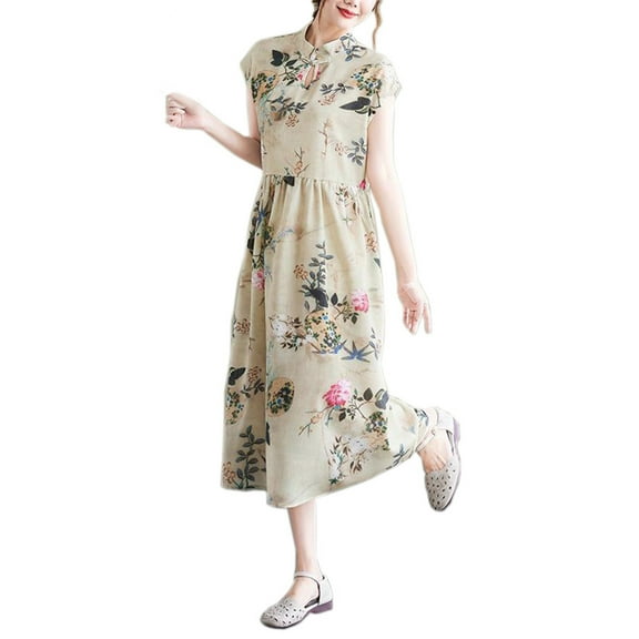 YM YOUMU Women Floral Printed Dress Stand Collar Frog Button Chinese Style