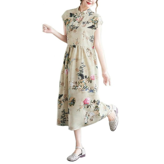 YM YOUMU Women Floral Printed Dress Stand Collar Frog Button Chinese Style