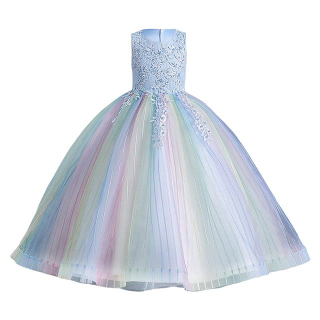 MIASHUI Robe de Demoiselle d'Honneur en Dentelle à Fleurs pour Fille, Robe de Fête de Mariage, Robe de Bal en Tulle pour Enfants, Bleu Ciel, 4-5 Ans