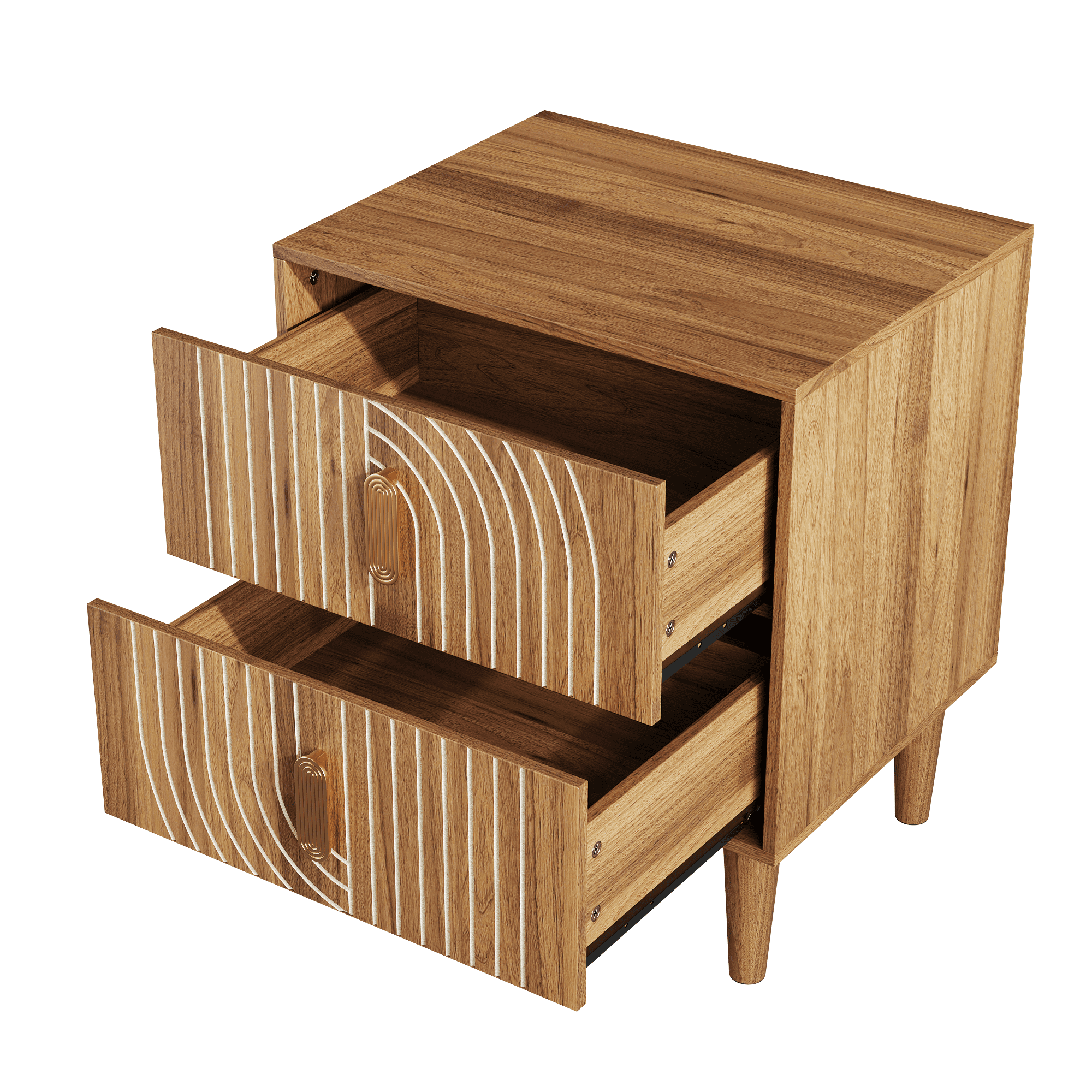 Medieval-style modern bedside table with double drawers for storage and solid wood legs; bedroom side table, bedside storage cabinet, compact bedside table, walnut color.