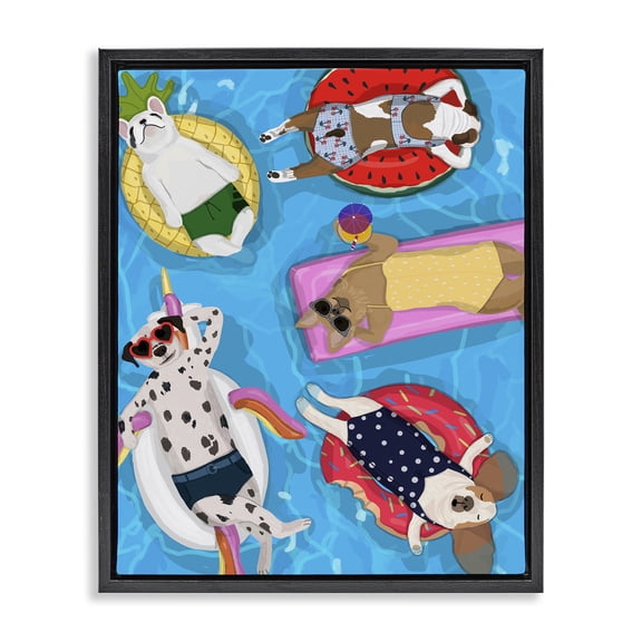 Stupell Industries Summer Sunbathing Dogs Black Framed Floater Canvas Wall Art, design by Hanna Melin