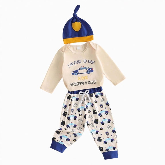 Quealent Newborn Baby Boy Clothes Long Sleeve Romper Pants Hat Set Police Car Print 3PCS Baby Boy Fall Winter Outfit Set (Beige, 6-9 Months)