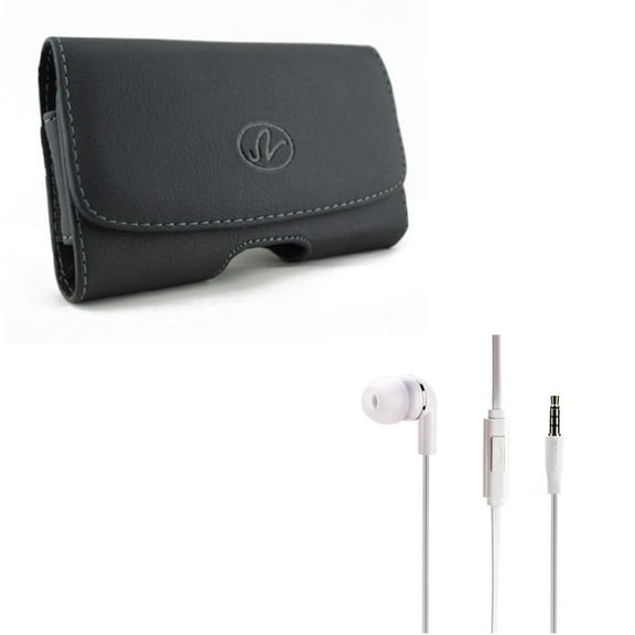 Black Leather Phone Case w Flat Wired Headset MONO Hands-free Earphone w Mic Y8J for OnePlus One, 5, 5T, 6 - Samsung Galaxy S9 , S8 , J7 Sky Pro, S6 Edge , S10  On5 Note 5 4 (2018) Refine