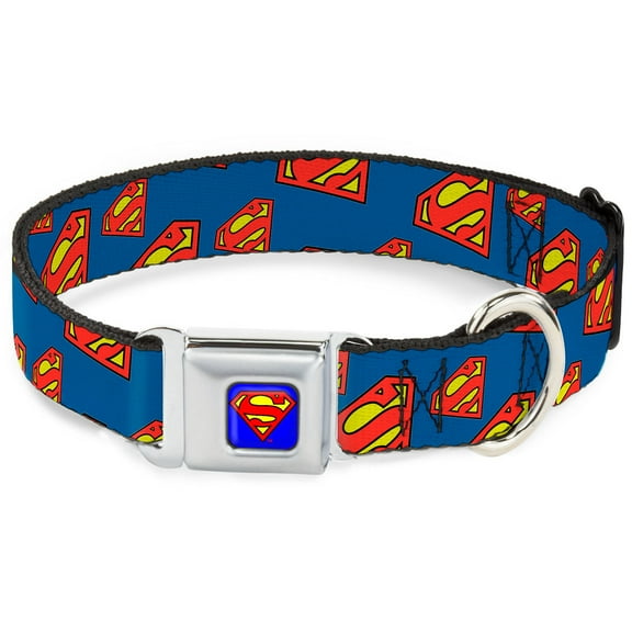 DC Comics Pet Collar, Dog Collar Metal Seatbelt Buckle, Super Shield Diagonal Royal Blue Red, 16 to 23 Inches 1.5 Inch Wide