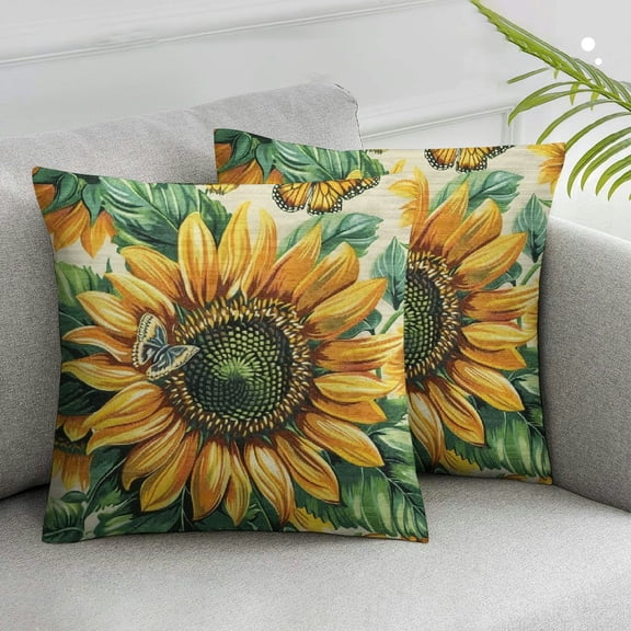 JRXY Spring Summer Sunflower Square Pillow Covers Yellow Flower Butterfly Plant Seasonal Decorative Pillow Cases Set of 2 Farmhouse Home Decor for Sofa Couch Cushion Outdoor White