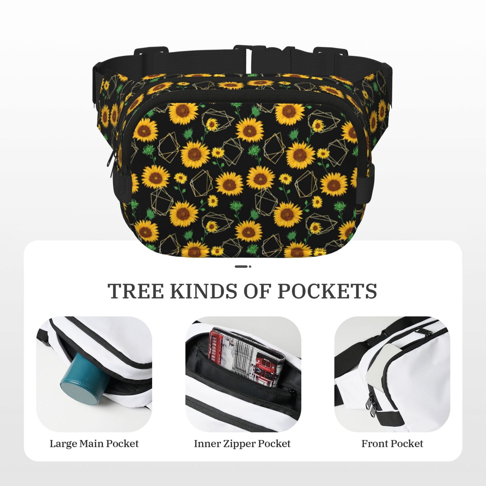 Picia Sunflowers3 Print Square Double-Layer Waist Bag Mini Adjustable Waist Belt Bag Exercise Running Travel Hiking