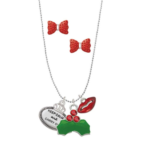 Delight Jewelry Silvertone Keep Calm and Carry On Christmas Kiss Charm Necklace and Stud Earrings
