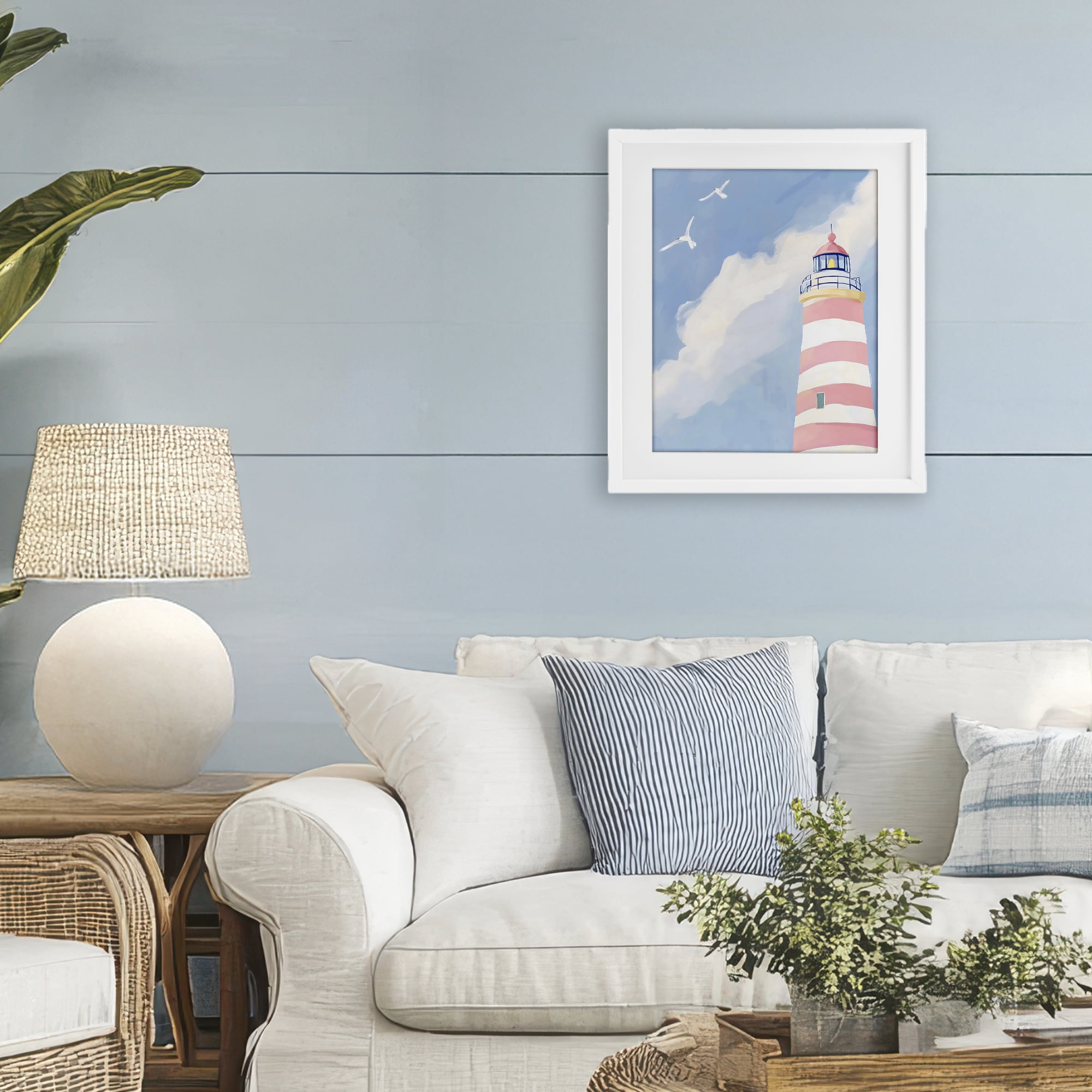 Stupell Industries Striped Lighthouse with Seagulls White Framed Print Under Glass, design by The Prints Vibe