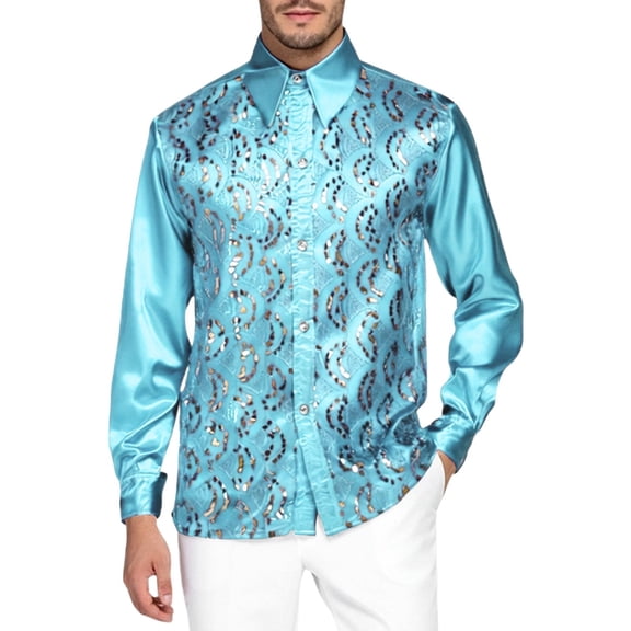 JAJAHO Sparkly Sequins Shirt Men Button Up Shirts Long Sleeve Collar Stage Performance Glitter Top Disco Party Clubwear Formal Evening Wear Blouse Stylish Tops
