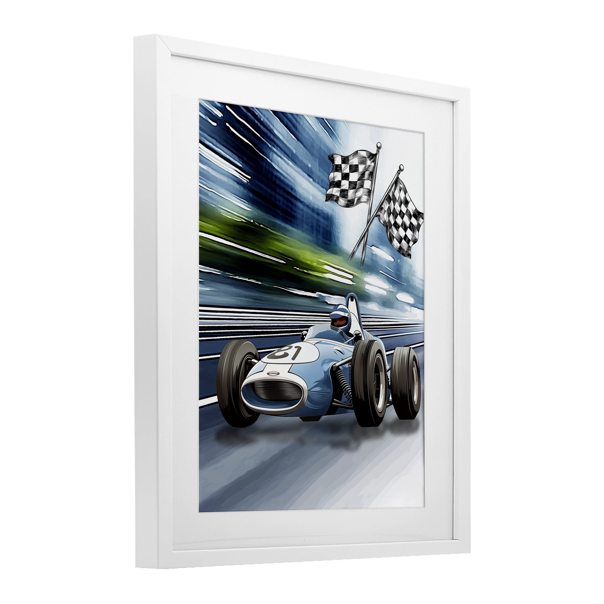 Stupell Industries Speedy Racecar with Flags White Framed Print Under Glass, design by Christine Simpson Art