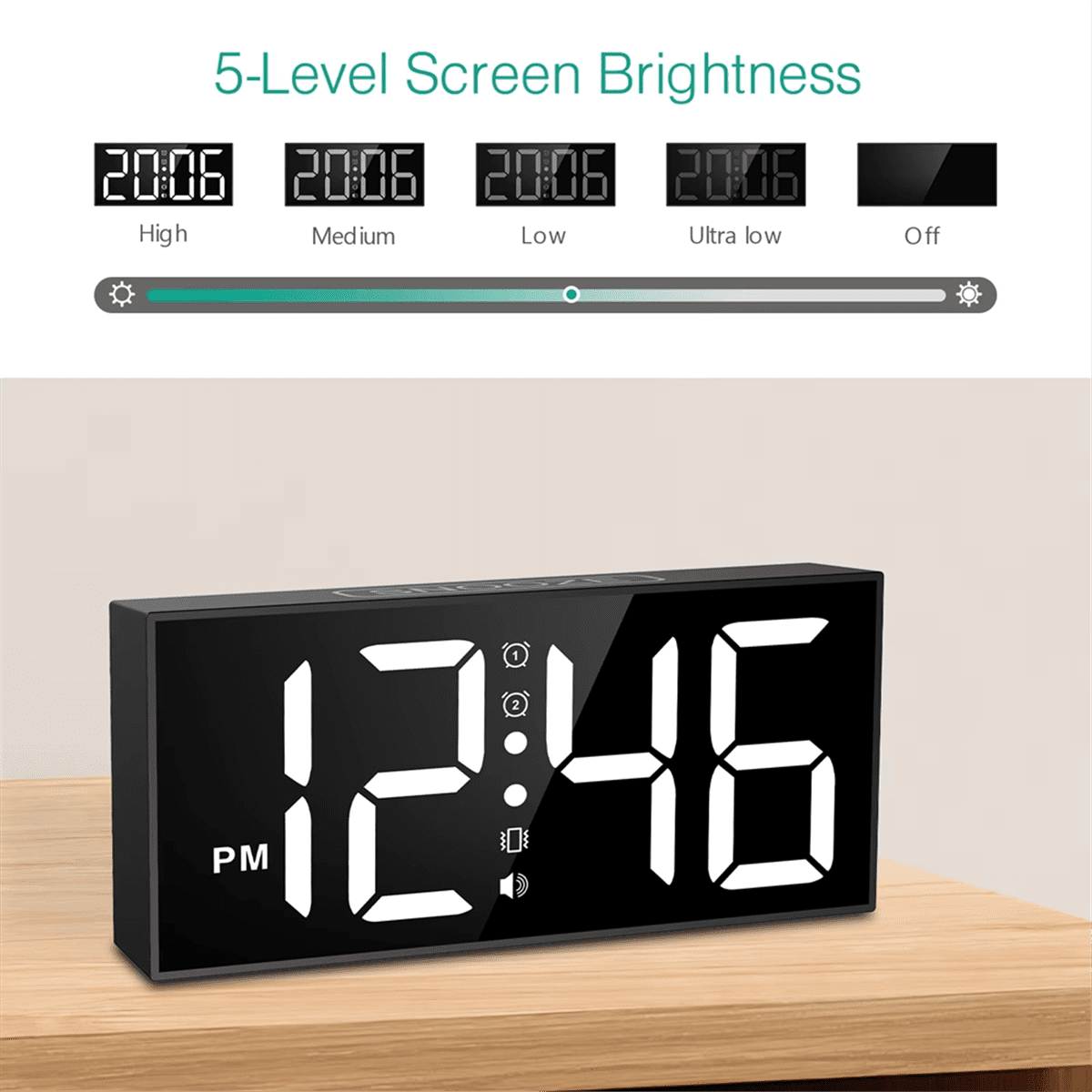 Vibrating Alarm Clock 7.5in Large Display LED Loud with Bed Shaker for Heavy Sleepers Hearing Impaired