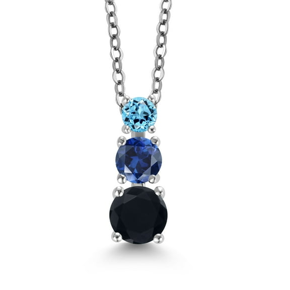 Gem Stone King Black Onyx Blue Created Sapphire Swiss Blue Topaz 3 Stone Pendant Necklace for Women (0.88 cttw, Gemstone Birthstone, Round 5MM, 4MM and 3MM, with 18 inch Chain)