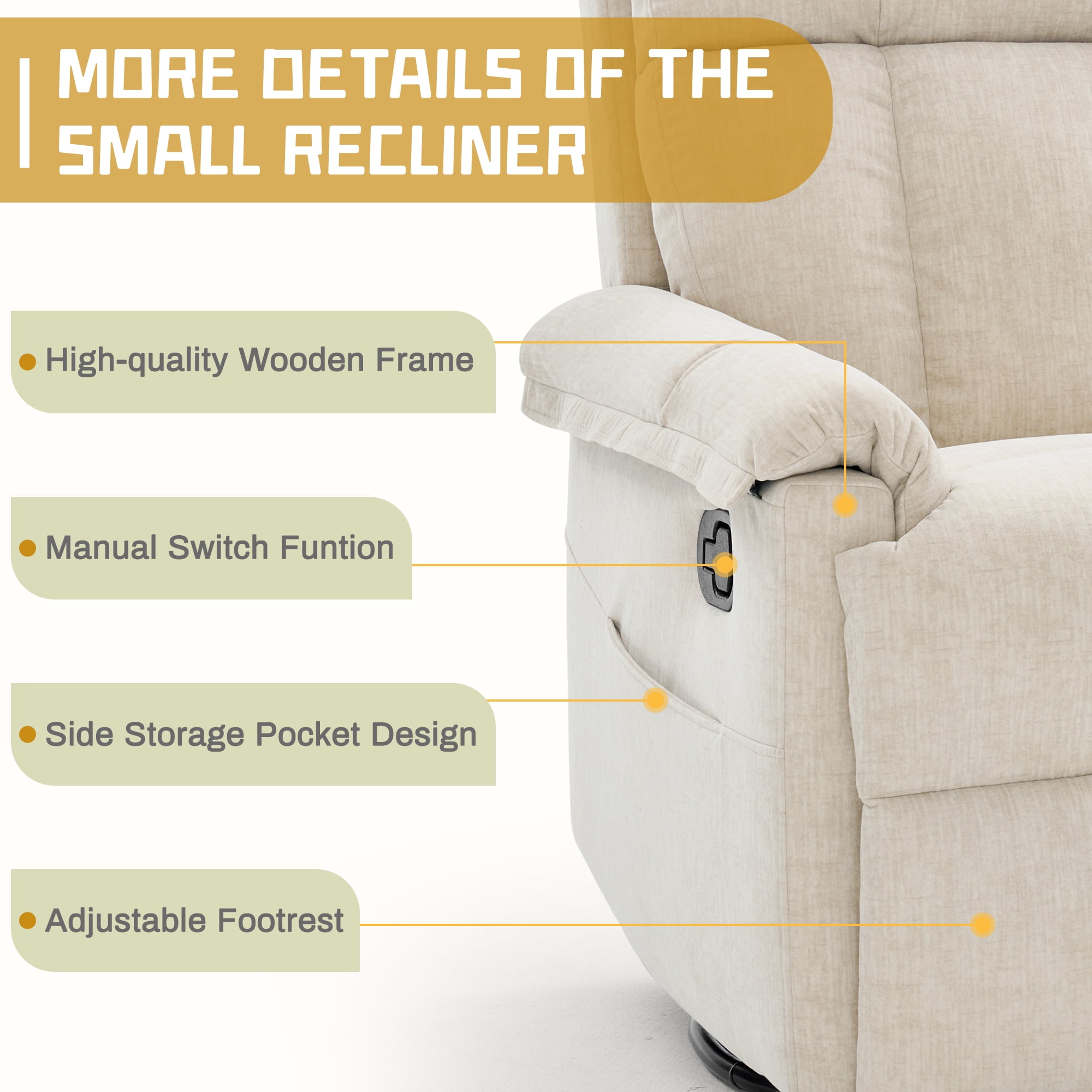 Korser 360°Swivel Recliner Chair for Adults with Side Pockets,Small Rocking Recliner for Small Spaces for Living Room,Nursery,Beige