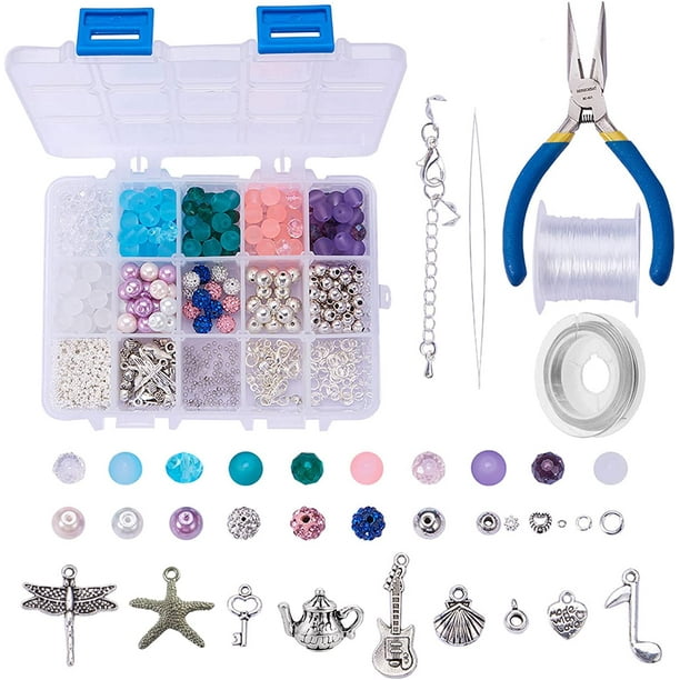 1 caja con más de 650 piezas de kits para hacer joyas de lujo, abalorios, pulseras, collares, manualidades, regalos, kits de inicio, alicates y herramientas.