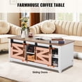 thumbnail image 3 of VEVOR 48" Farmhouse Coffee Table, Rectangle Coffee Table with 2 Sliding Barn Doors, 2 Tiers Wooden Rustic Table with Removable Shelves for Living Room, Bedroom, Apartment, or Studio, White & Natural, 3 of 9