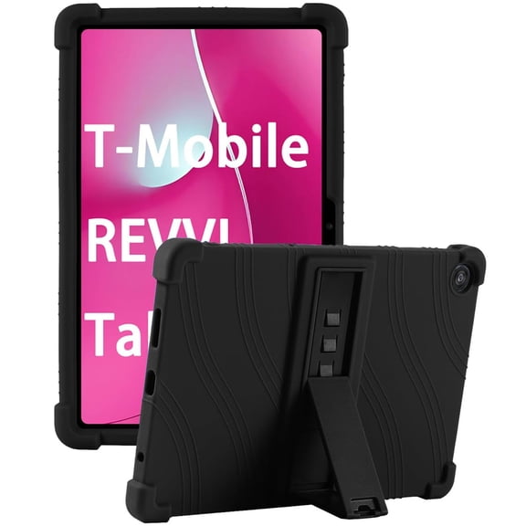 Poweltek Soft Silicone Adjustable Stand Case for T-Mobile REVVL Tab 2 Tablet 10.1 Inch 2025, Shockproof Kids Friendly Lightweight Cover, Black